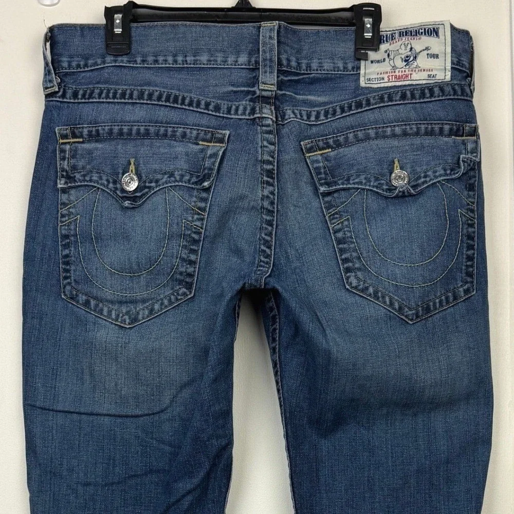 True Religion Straight Flap Jeans Mens 36x32 100% Cotton Distressed Ripped